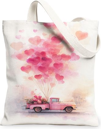Generic Heart Balloon Canvas Tote Bags, Vintage Peach Truck Design Reusable Grocery Bags, Lightweight Washable Shoulder Strap, Peach, 13x15 Inch