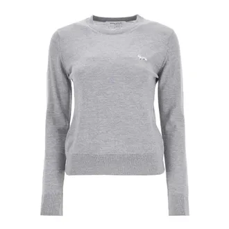 Maison Kitsun&eacute; Round-neck Knitwear, female, Gray, Size: XS Baby Fox Embroidered Knitwear