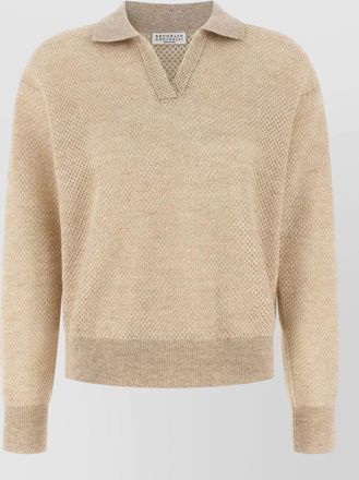 Brunello Cucinelli waffle-knit long-sleeve polo top
