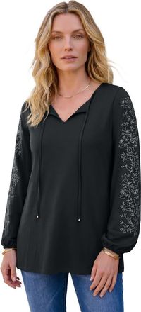 Roaman's Plus Size Notch Neck Embroidered Peasant Tunic in Black Vine Leaves at Nordstrom, Size 28