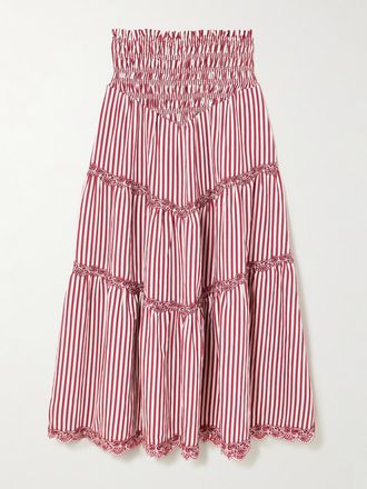 Loretta Caponi Gonna Maxi In Raso A Righe Con Finiture In Pizzo A Cordoncino E Arricciature Ninfa - Rosso