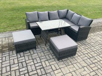 Fimous Outdoor Furniture Garden Dining Set Rattan Corner Sofa Set Rectangular Dining Table with Temper Glass 2 Big Footstool in Dark Grey