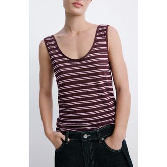 Mango Stripe Linen Tank in Maroon at Nordstrom, Size X-Small