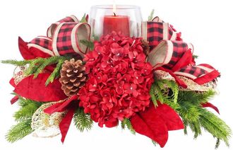 Creative Displays Inc. Handmade Modern Farmhouse Holiday Candleholder With Magnolias & Buffalo Plaid Bows