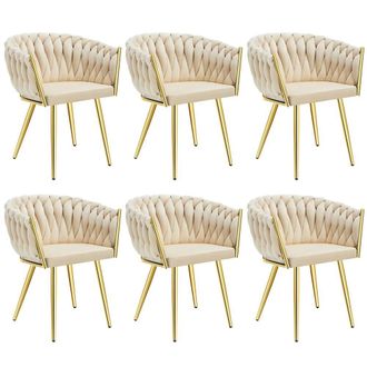 TecTake Dining Chair Astano - Padded, Velvet, Knot Design, Continuous Backrest in Light Sand | Size: 6 Pack