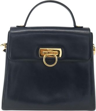 Ferragamo Gancini Convertible Top Handle Bag Leather Navy Leather Handbag (Pre-Owned)