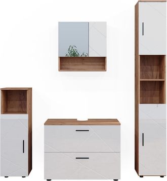 Vicco Conjunto De Muebles De Ba&ntilde;o Irma, Blanco Brillo Intenso/roble Dorado, 4 Piezas, Con Cajonera Y Armario Alto