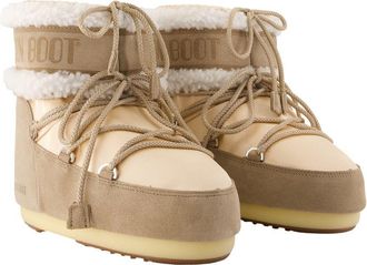 Moon Boot Womens Icon Low Pearly Plus Ankle Boots - Moon Leather Beige Cowhide Shoes Ankle-Boots