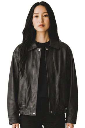 Infinity Leather Womens Black Leather Biker Blouson Bomber Oversized Jacket - Sibiu
