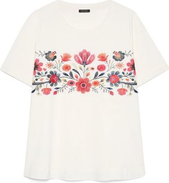 Fiorella Rubino Katoenen T-shirt met bloemenborduursel - Dames - T-shirts - Wit - XL - Katoen - Tops