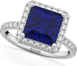 Allurez Princess Cut Halo Blue Sapphire & Diamond Engagement Ring 14K in 3.47Ct/white Gold at Nordstrom, Size 8.5