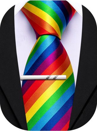 Barry.Wang Silk Ties for Men Fun Necktie and Tie Clip Set for Wedding Party Business Formal Extra Long, Rainbow Colorful, One Size