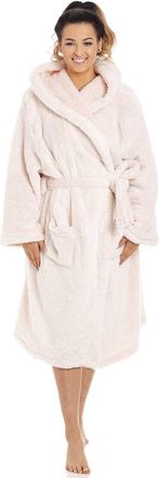 Camille Womens Super Soft Dressing Gown - Luxury Fleece Hooded Bathrobe - Long Sleeved, Belt Fastening & Front Pockets - Pink 16-18