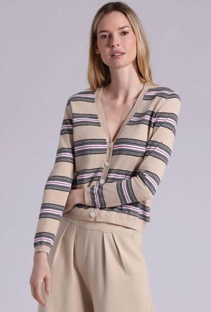 Minnie Rose Cotton Cashmere Striped V Neck Cardigan In Brown Sugar