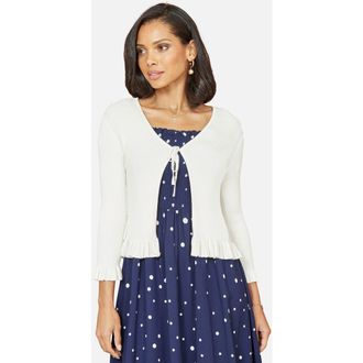 Yumi Tie Front Frilled Hem Ribbed Cardigan in Ivory at Nordstrom, Size Medium