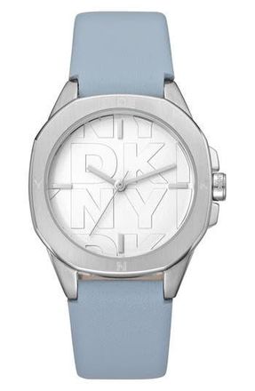 DKNY Logo Dial Leather Strap Watch in Light Blue at Nordstrom Rack