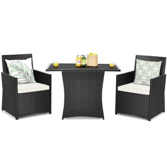 Costway Costway 3 Pcs Patio PE Wicker Set w/ Coffee Table Garden Furniture Set in White