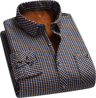 Generic Mens Checked Shirts Thermal Soft Regular-Fit Long-Sleeve Fleece Lined Button Down Shirt Casual Versatile Plaid Shirt Work Wear with Chest Pockets Size