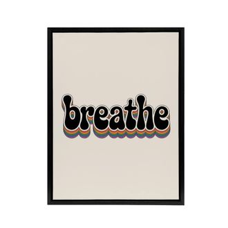Artery8 Breathe Funky Retro Rainbow Typography Framed Canvas Wall Art Print in Beige | Size: W24 x H32
