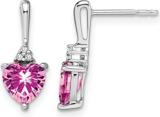 Diamond2Deal 14k White Gold Created Pink Sapphire and Diamond Heart Earrings