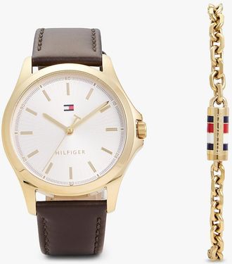 Tommy Hilfiger Mens Leather Watch & Chain Bracelet Gift Set - Metallic