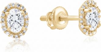 Pompeii3 1/2Ct TW Oval Shape Halo Diamond Studs 10k White or Yellow Gold Earrings