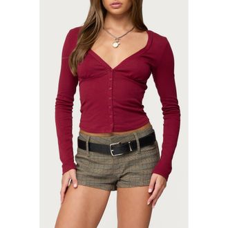 Edikted Charla Deep V-Neck Button-Up Top in Burgundy at Nordstrom, Size X-Small