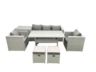 Fimous Garden Dining Set Outdoor Rattan Furniture Set with Sofa Dining Table 2 Chairs 2 Small Footstools Side Table Light Grey Mixed