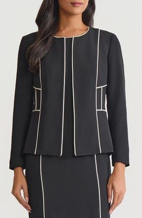 Kasper Piped Open Front Cardigan in Black/vanilla Ice at Nordstrom Rack, Size 14P