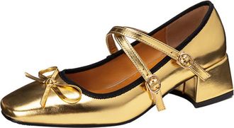 Generic Womens Square Toe PU Leather Mary Janes Low Block Heel Dress Pumps Cross Strap Party Prom Shoes with Buckle,Gold,7.5 UK