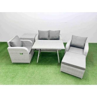 Fimous Light Grey pe Wicker Rattan Garden Furniture Set Sofa Set Reclining Chair Love Sofa Rectangular Dining Table Big Stool 2 Side Tables - Fimous