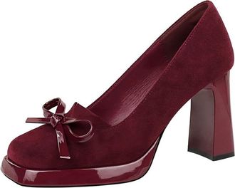 Generic Women Square Toe High Heels 9CM Sexy Pumps Faux Suede Bowknot Ladies Wedding Shoes for Bride Prom Party (Black,4.5)