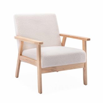 Sweeek Sill&oacute;n escandinavo de borreguito y madera de hevea, borreguito blanco