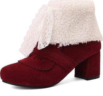 Generic Womens Winter Ankle Boots with Faux Fur Bowknot Decor Comfort Round Toe Block Mid Heel Brouge Shoes for Party and Casual (Red,5.5)