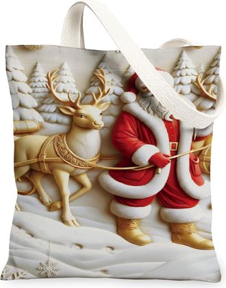 Generic Christmas Reindeer Canvas Tote Bags, Festive Santa Design Lightweight Washable Shoulder Bags, Holiday Vintage Decorative Re, White, 13x15 Inch
