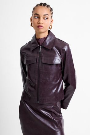 French Connection Womens Burgundy Pu Faux Leather Cropped Zip-Through Collared Jacket - Size X-Large