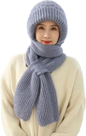 Generic Integrated Ear Protection Windproof 2 in 1 Mask Scarf Knitted Hat Thickening Hat Winter,Plus Velvet Thick Knitted Hat for Women White (Grey)