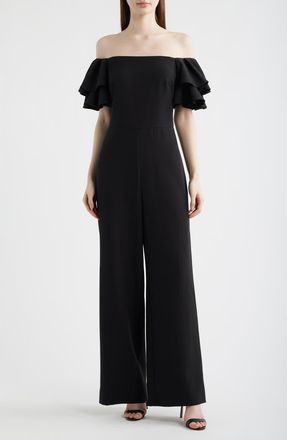 Eliza J Ruffle Sleeve Off the Shoulder Jumpsuit in Black at Nordstrom, Size 12