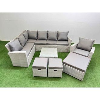 Fimous Outdoor Rattan Garden Furniture Set 10 Seater Corner Sofa Sets with Square Coffee Table Chair 3 Footstools Light Grey Mixed - Fimous