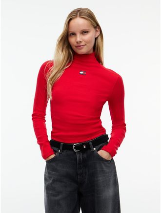 Tommy Hilfiger Womens Tommy Jeans Ribbed Mockneck T-Shirt - Lavish Red - XL