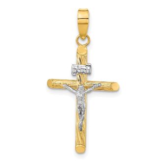 Diamond2Deal 14k Yellow Gold White Rhod Polished Textured INRI Crucifix Cross Pendant