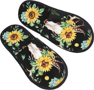 Generic Furry Slippers Sunflower Skull Boho Watercolor Background Fluffy Slippers Comfy Casual House Shoes For Indoor Bedroom Spa L