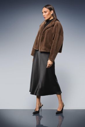 Principles Womens Faux Fur Wrap Neck Short Coat - Brown - Size Medium