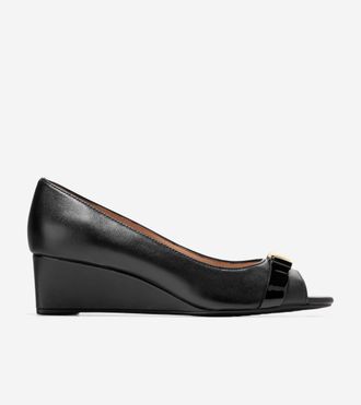 Cole Haan Womens Go-To Malta Peep Toe Bow Wedges - Black Size 10.5