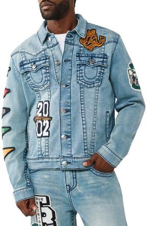 True Religion Jimmy Varsity Patch Denim Trucker Jacket in Shattered Medium Indigo at Nordstrom, Size Xx-Large