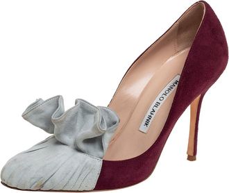 Manolo Blahnik Burgundy And Grey Suede Arleti Frill Detail Pumps