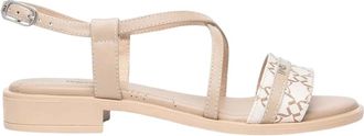 Nero Giardini Schoenen, Dames, Beige, 36 EU, Leer, Beige Leren Platte Enkelband Sandalen