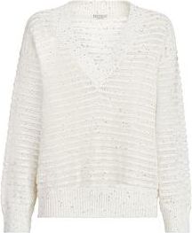 Brunello Cucinelli Sweater with openwork stripes in White at Nordstrom, Size Xxx-Large