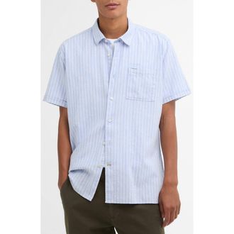 Barbour Nelson Stripe Short Sleeve Linen & Cotton Button-Up Shirt in Blue at Nordstrom, Size Xx-Large