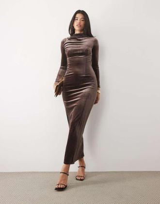 Tfnc vestito lungo in velluto, collo alto, con dettaglio arricciato, color cioccolato-Marrone